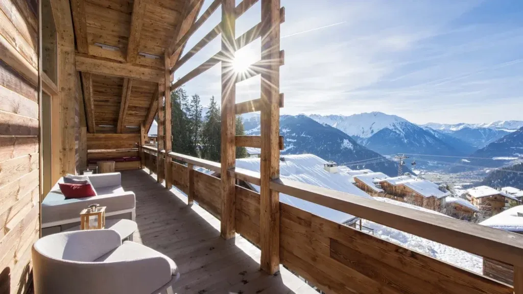 View of a Swiss ski resort from a luxury chalet