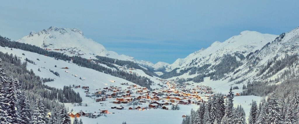 A luxury ski area in a snowy mountain valley in Austria