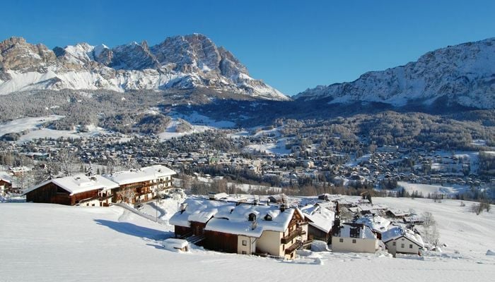 Cortina ski resort nestled in the mountains in Italy